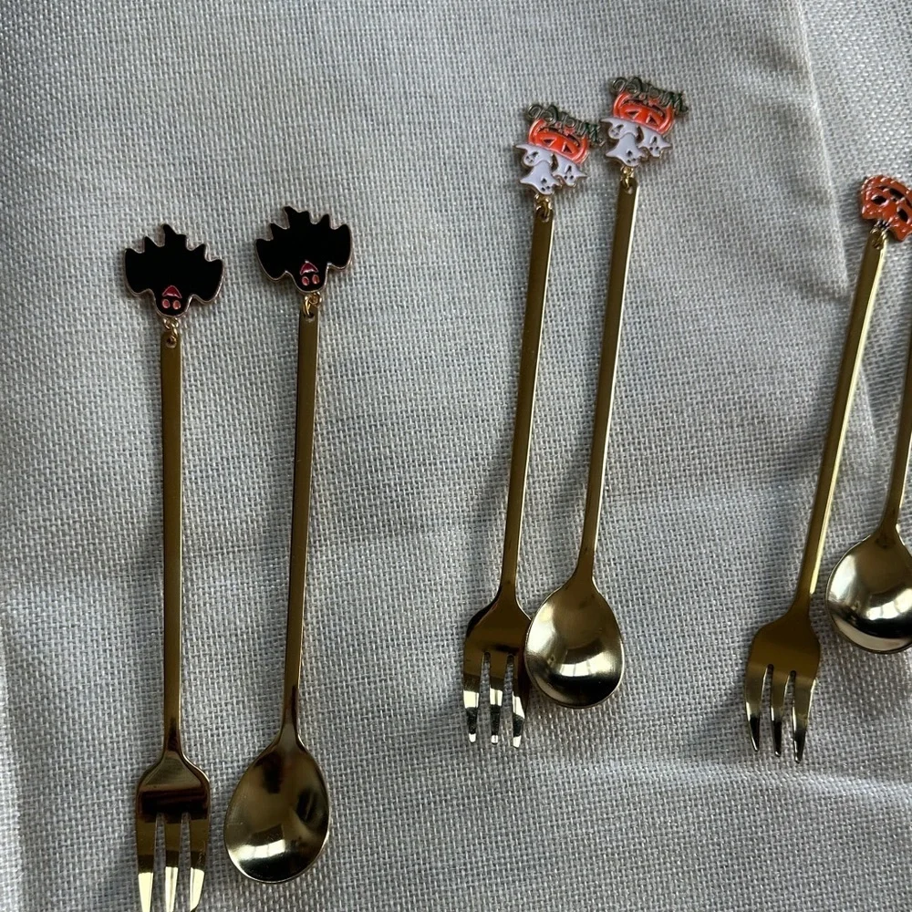 Gold Cocktail Fork and Spoon Set with Halloween themed Decorative Handles 6/12